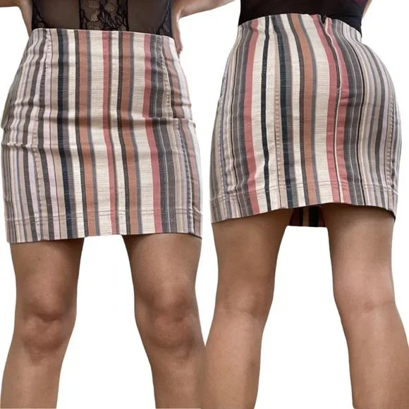 Altard State Denim Mini Skirt Small S Pink Camel Cotton Stripes Rise Mid Stretch - Picture 1 of 12